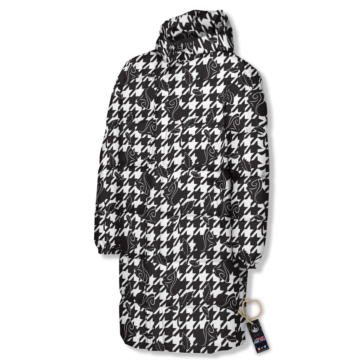 Houndstooth And Black Rose Print Pattern Long Down Jacket-grizzshop