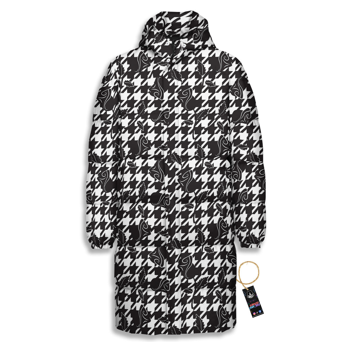 Houndstooth And Black Rose Print Pattern Long Down Jacket-grizzshop