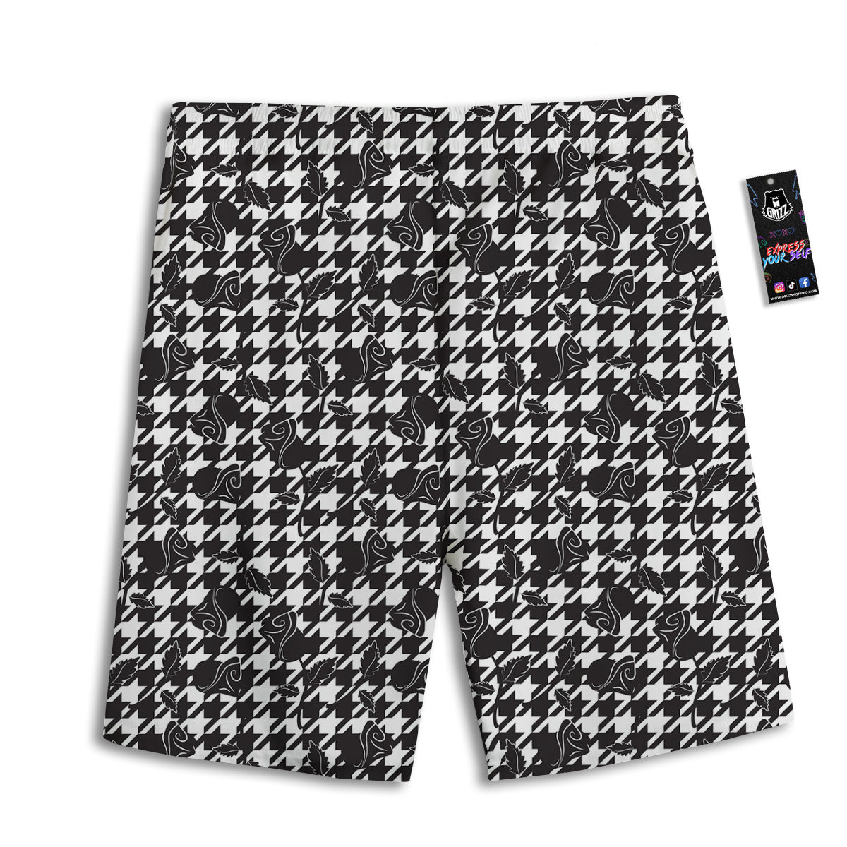 Houndstooth And Black Rose Print Pattern Men's Athletic Shorts
