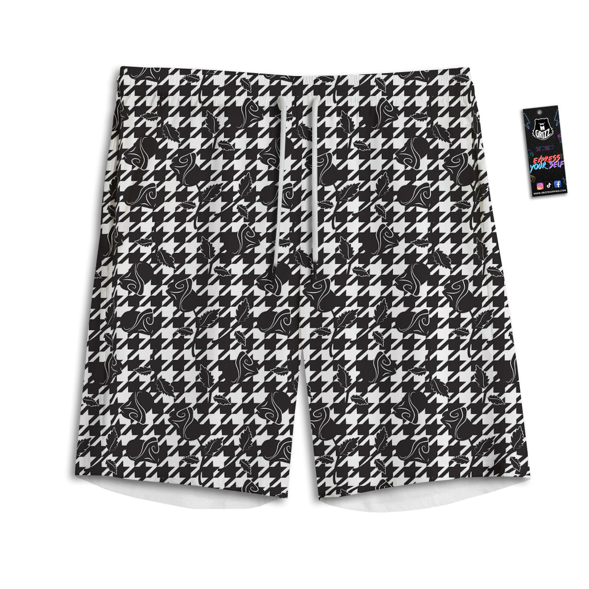 Houndstooth And Black Rose Print Pattern Men's Athletic Shorts