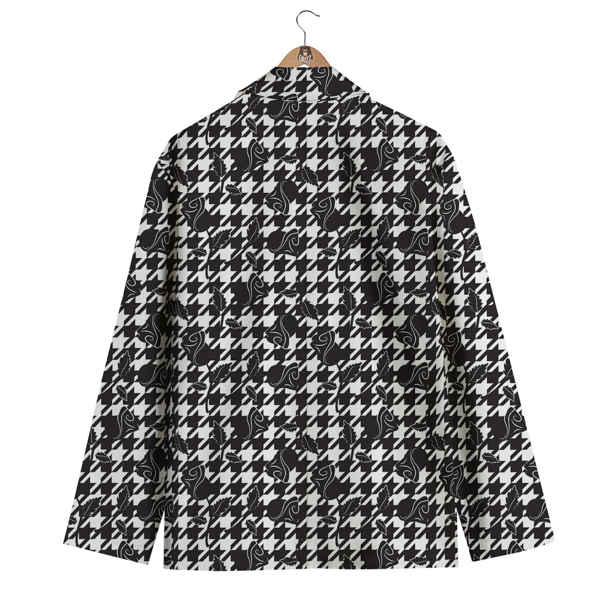 Houndstooth And Black Rose Print Pattern Men's Blazer-grizzshop