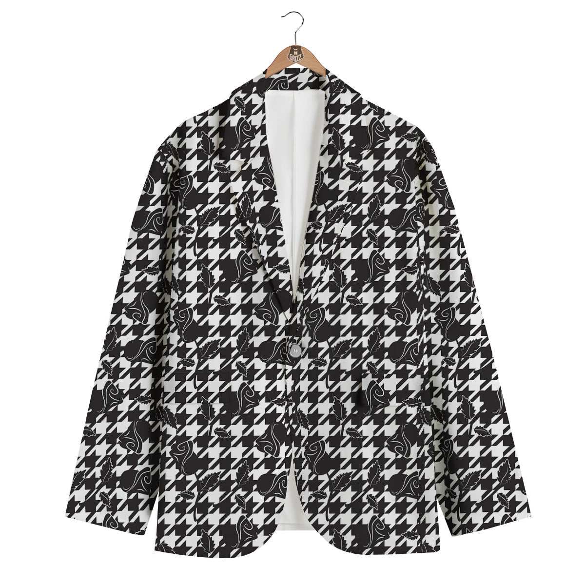 Houndstooth And Black Rose Print Pattern Men's Blazer-grizzshop