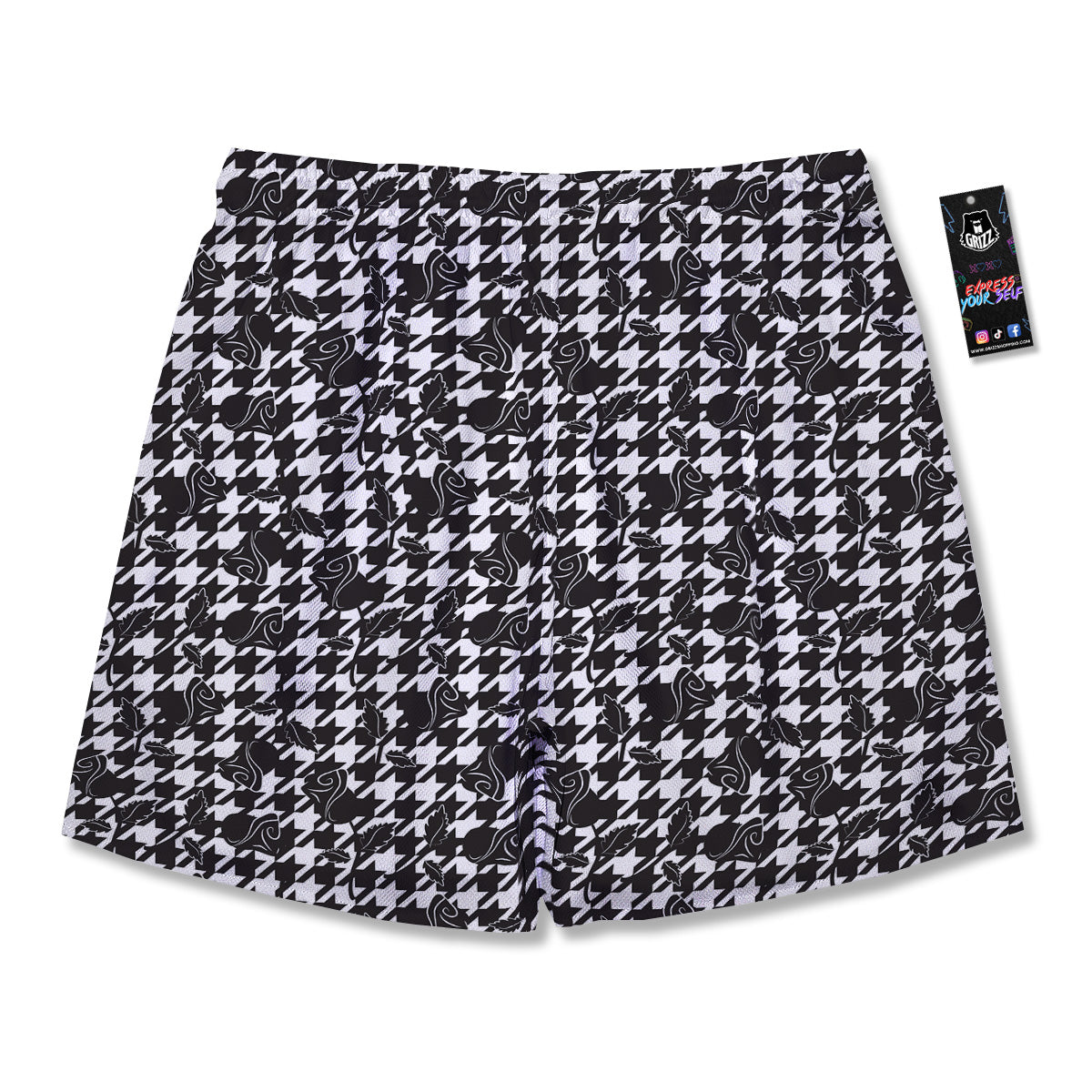 Houndstooth And Black Rose Print Pattern Men's Running Shorts-grizzshop