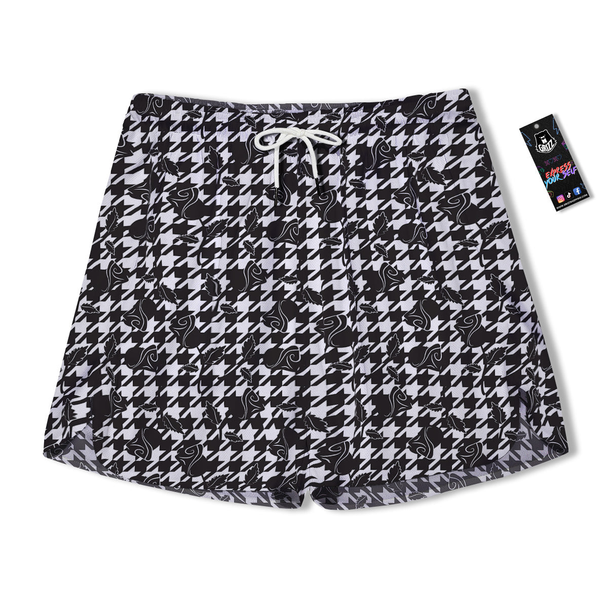 Houndstooth And Black Rose Print Pattern Men's Running Shorts-grizzshop