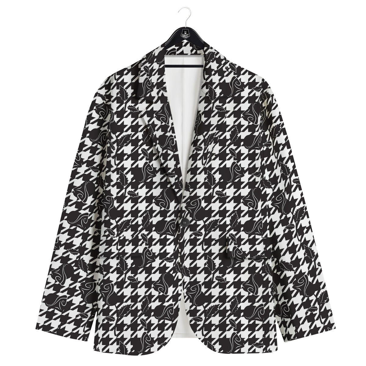 Houndstooth And Black Rose Print Pattern Men's Sport Coat-grizzshop
