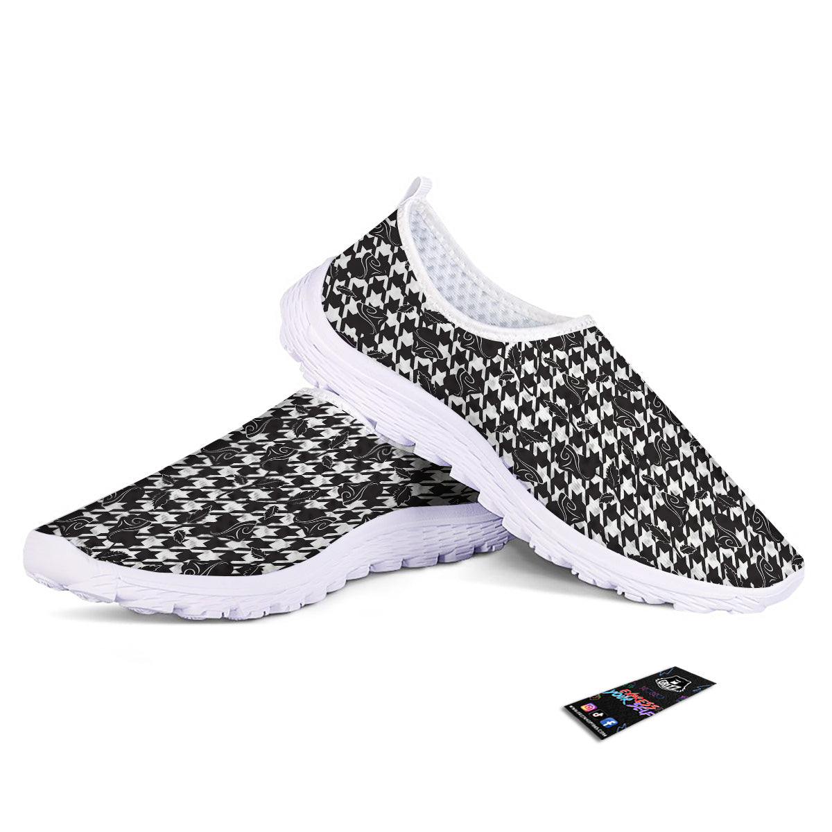 Houndstooth And Black Rose Print Pattern Nurse Shoes-grizzshop