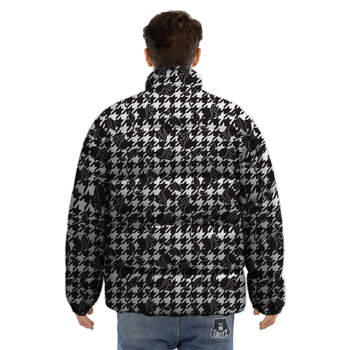 Houndstooth And Black Rose Print Pattern Puffer Jacket-grizzshop