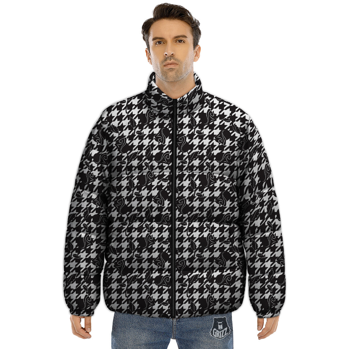 Houndstooth And Black Rose Print Pattern Puffer Jacket-grizzshop