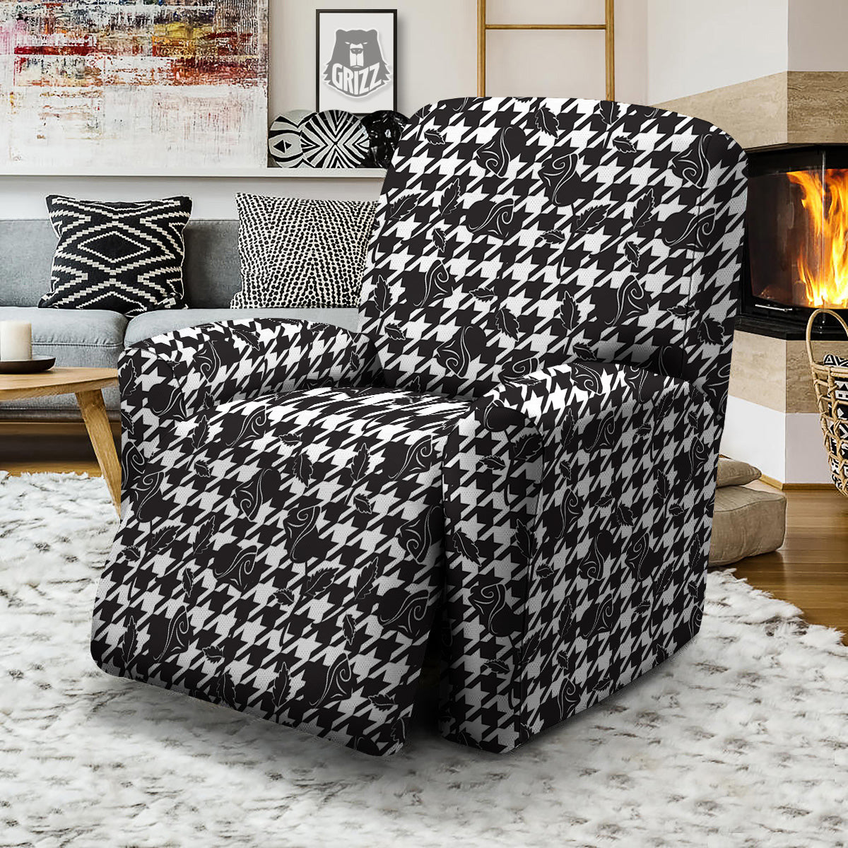 Houndstooth And Black Rose Print Pattern Recliner Slipcover