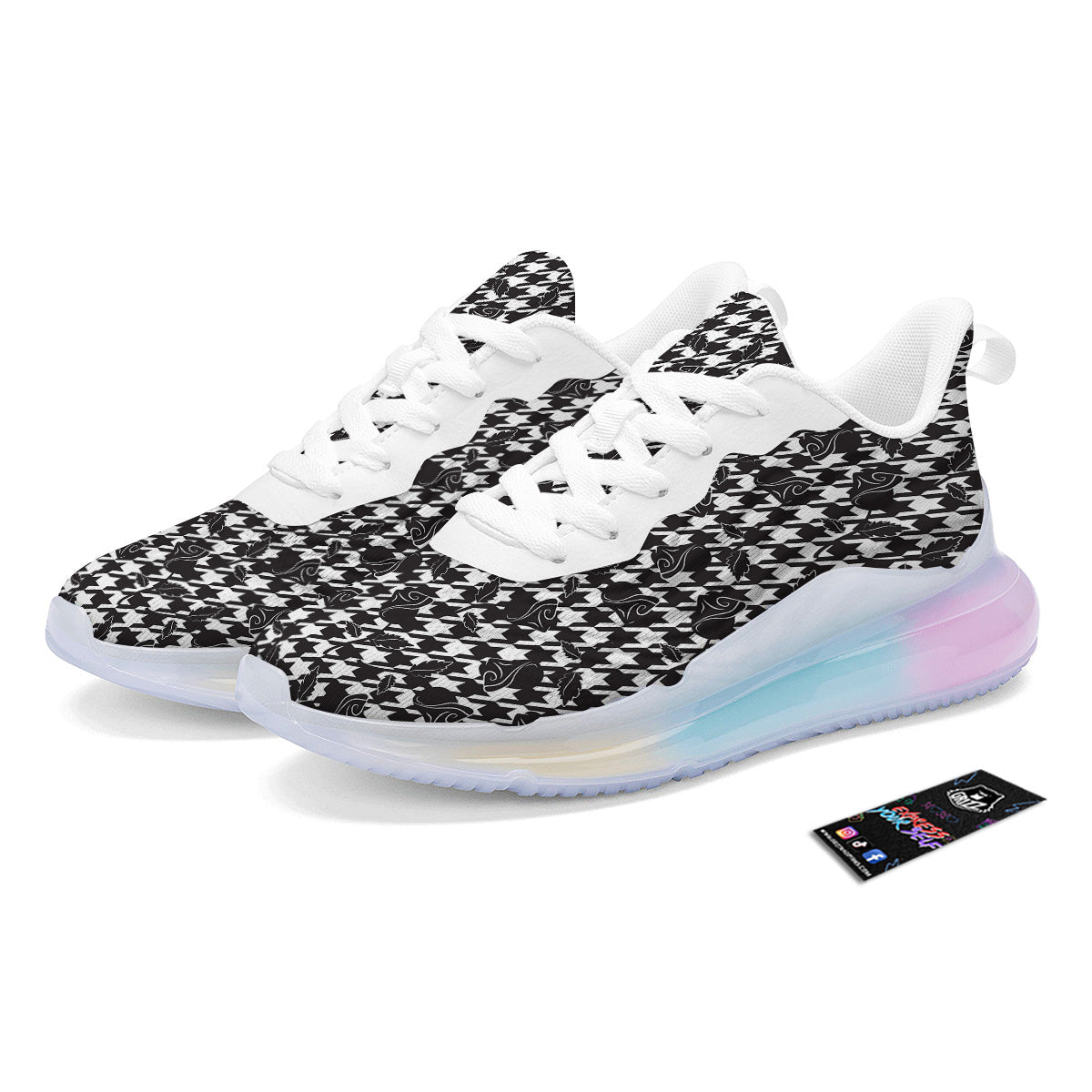 Houndstooth And Black Rose Print Pattern Running Sneakers-grizzshop