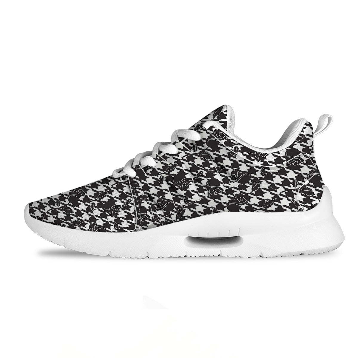 Houndstooth And Black Rose Print Pattern Tennis Shoes-grizzshop