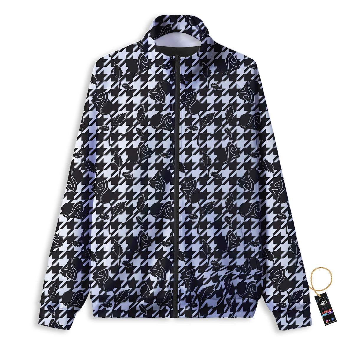 Houndstooth And Black Rose Print Pattern Track Jacket-grizzshop