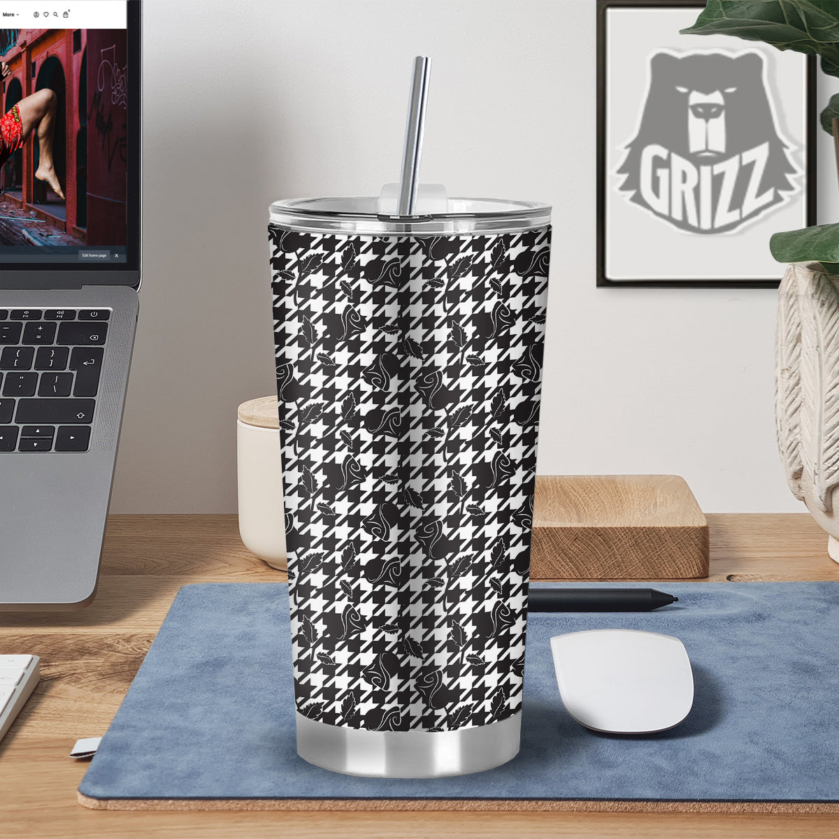 Houndstooth And Black Rose Print Pattern Tumbler-grizzshop