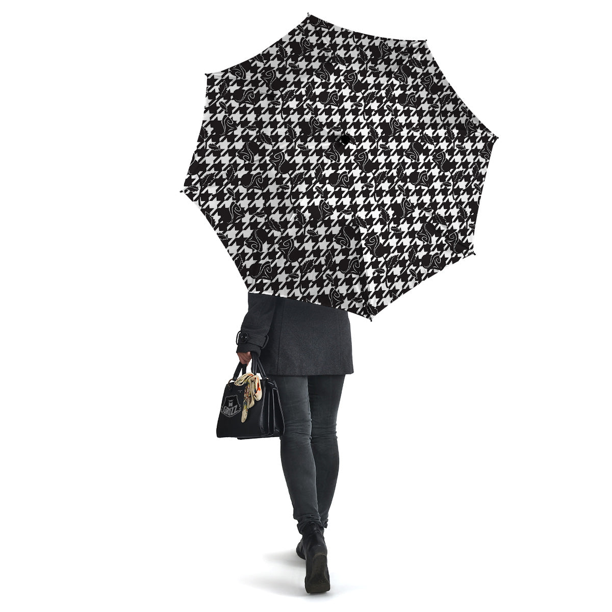 Houndstooth And Black Rose Print Pattern Umbrella-grizzshop