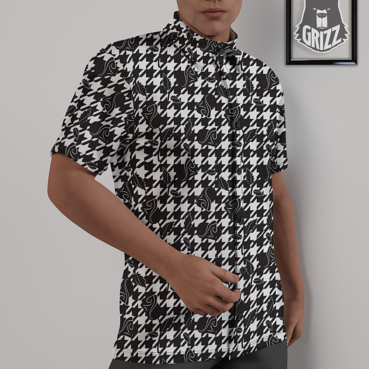 Houndstooth And Black Rose Print Pattern Untucked Shirts-grizzshop