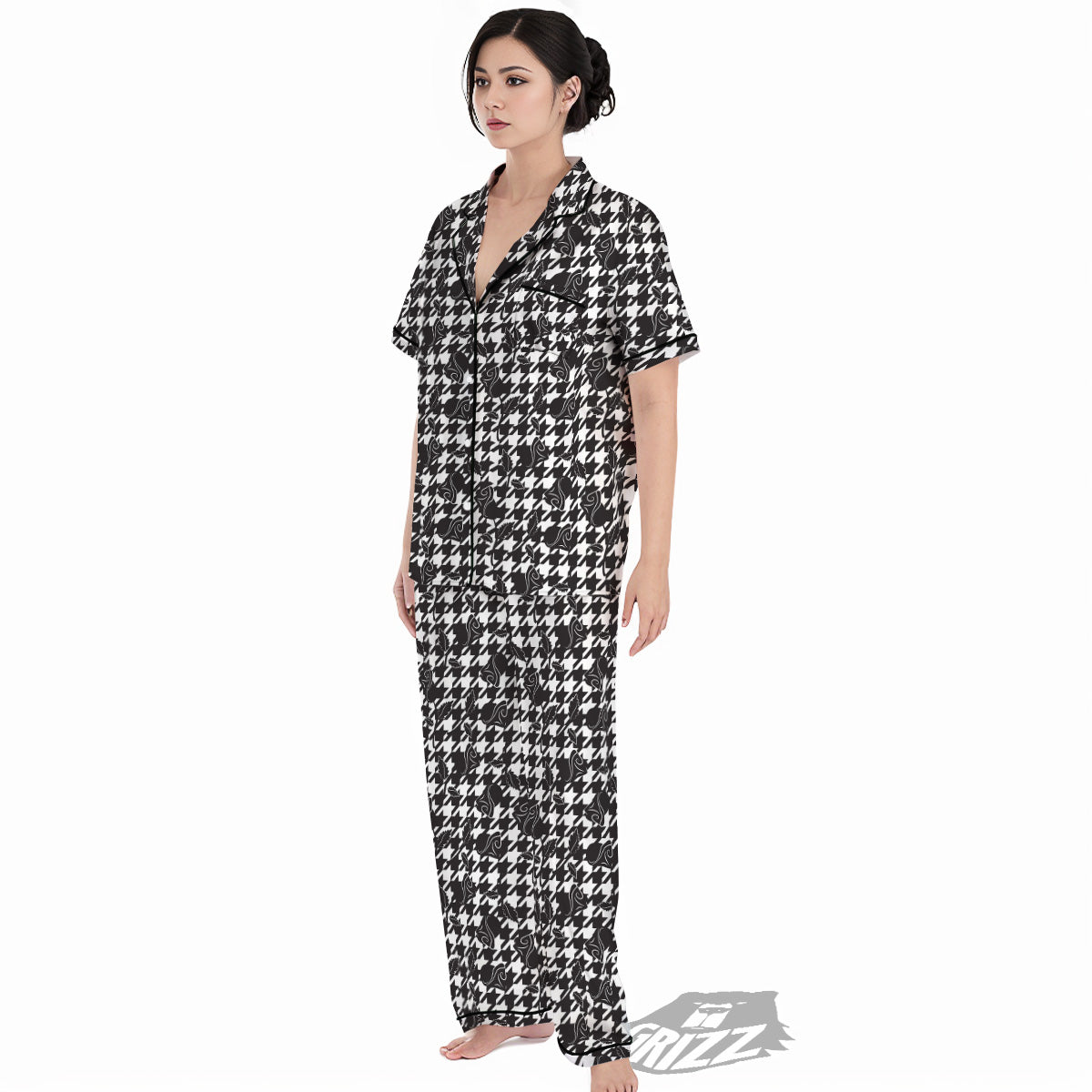 Houndstooth And Black Rose Print Pattern Women's Pajamas Set-grizzshop