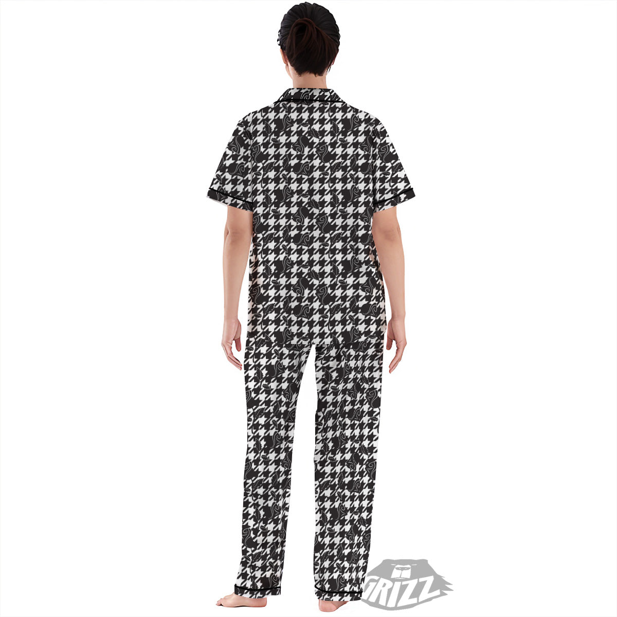 Houndstooth And Black Rose Print Pattern Women's Pajamas Set-grizzshop