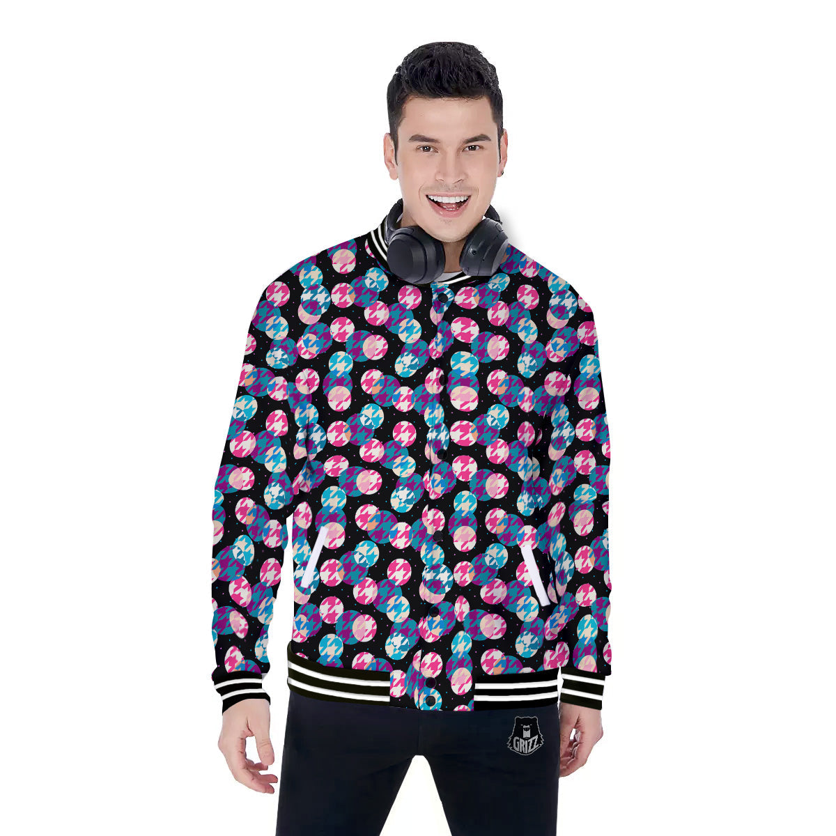 Houndstooth And Classic Polka Dot Print Pattern Baseball Jacket-grizzshop