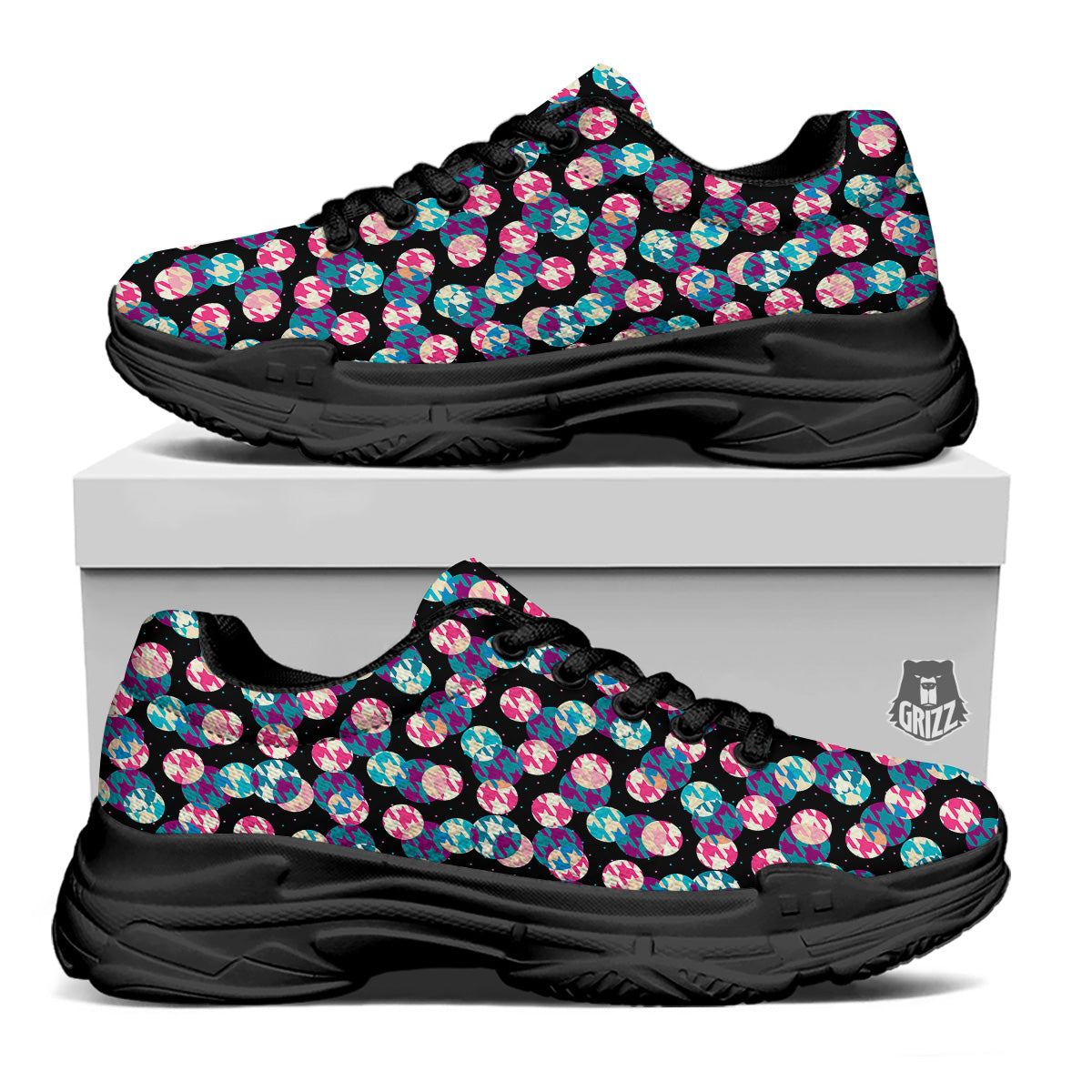 Houndstooth And Classic Polka Dot Print Pattern Black Chunky Shoes-grizzshop