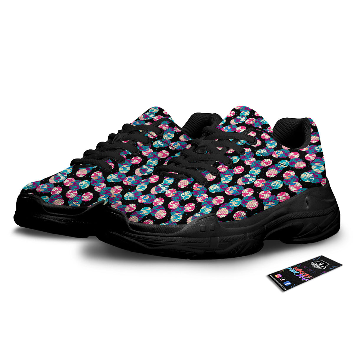 Houndstooth And Classic Polka Dot Print Pattern Black Chunky Shoes-grizzshop