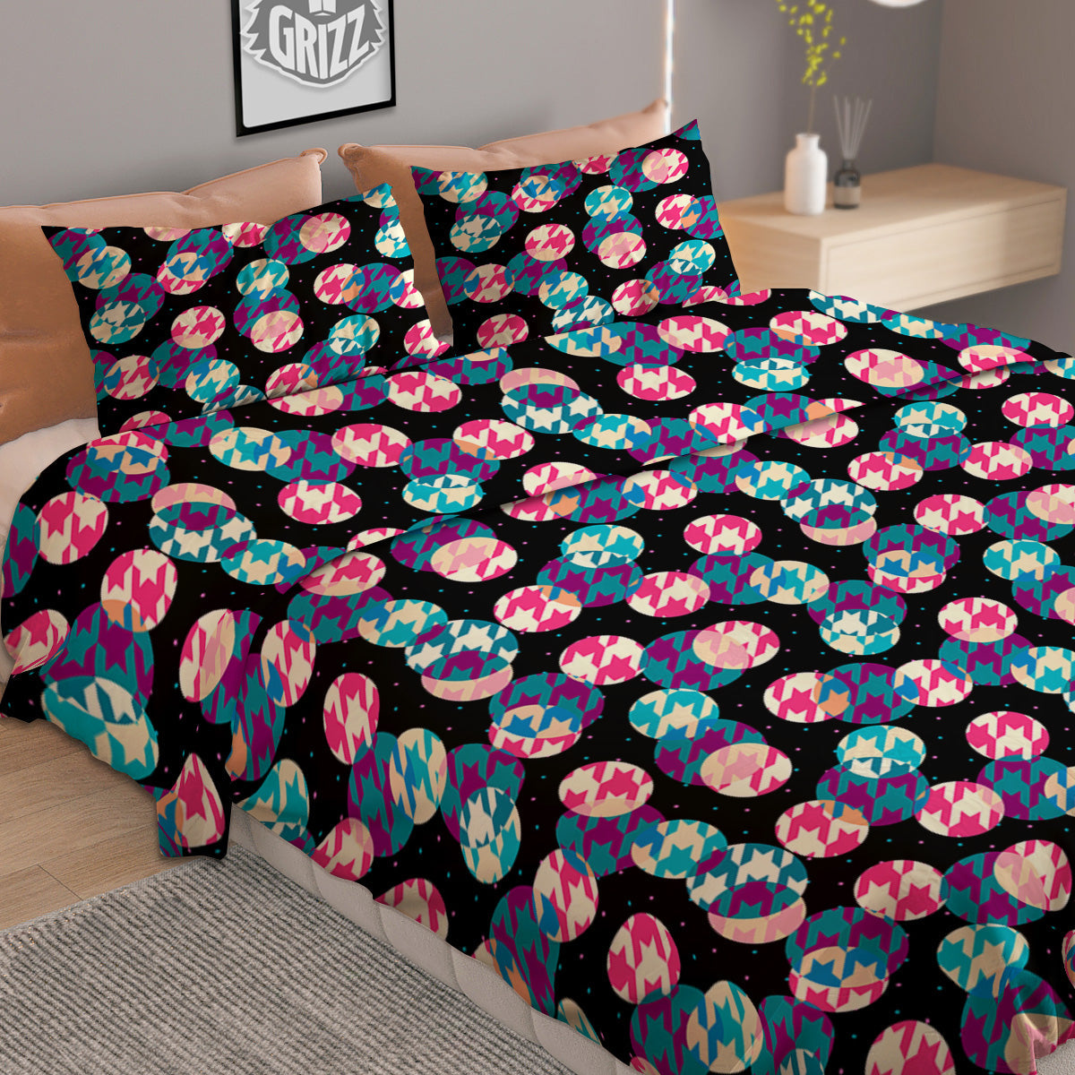 Houndstooth And Classic Polka Dot Print Pattern Duvet Cover Bedding Set