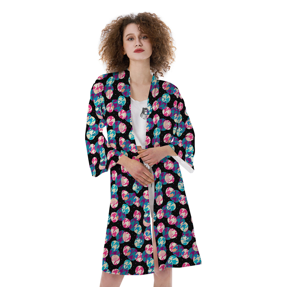 Houndstooth And Classic Polka Dot Print Pattern Kimono-grizzshop