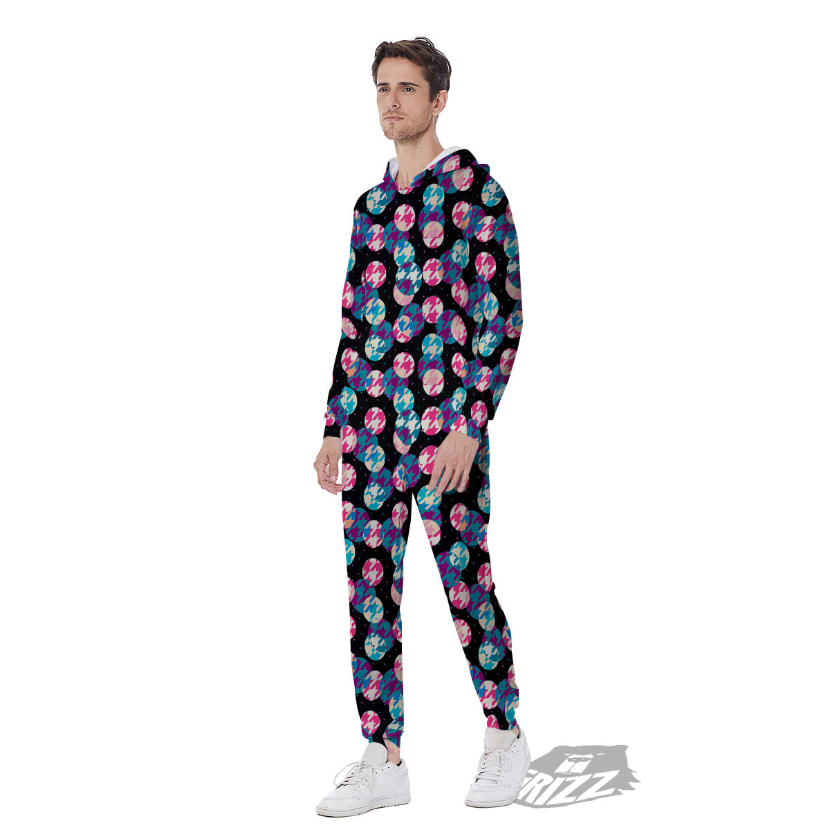 Houndstooth And Classic Polka Dot Print Pattern Men's Jumpsuit-grizzshop