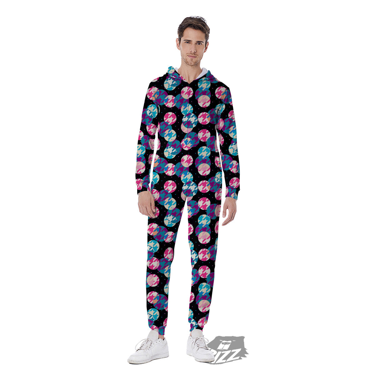 Houndstooth And Classic Polka Dot Print Pattern Men's Jumpsuit-grizzshop