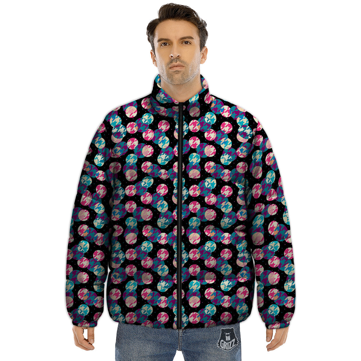 Houndstooth And Classic Polka Dot Print Pattern Puffer Jacket-grizzshop