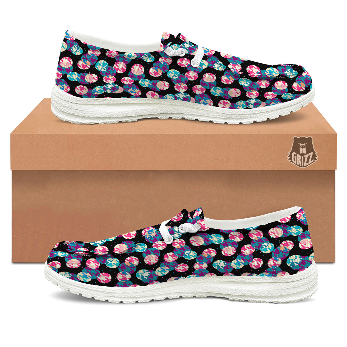 Houndstooth And Classic Polka Dot Print Pattern White Loafers-grizzshop
