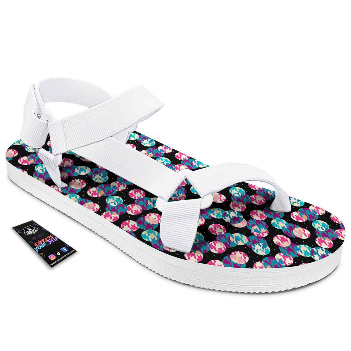 Houndstooth And Classic Polka Dot Print Pattern White Open Toe Sandals-grizzshop