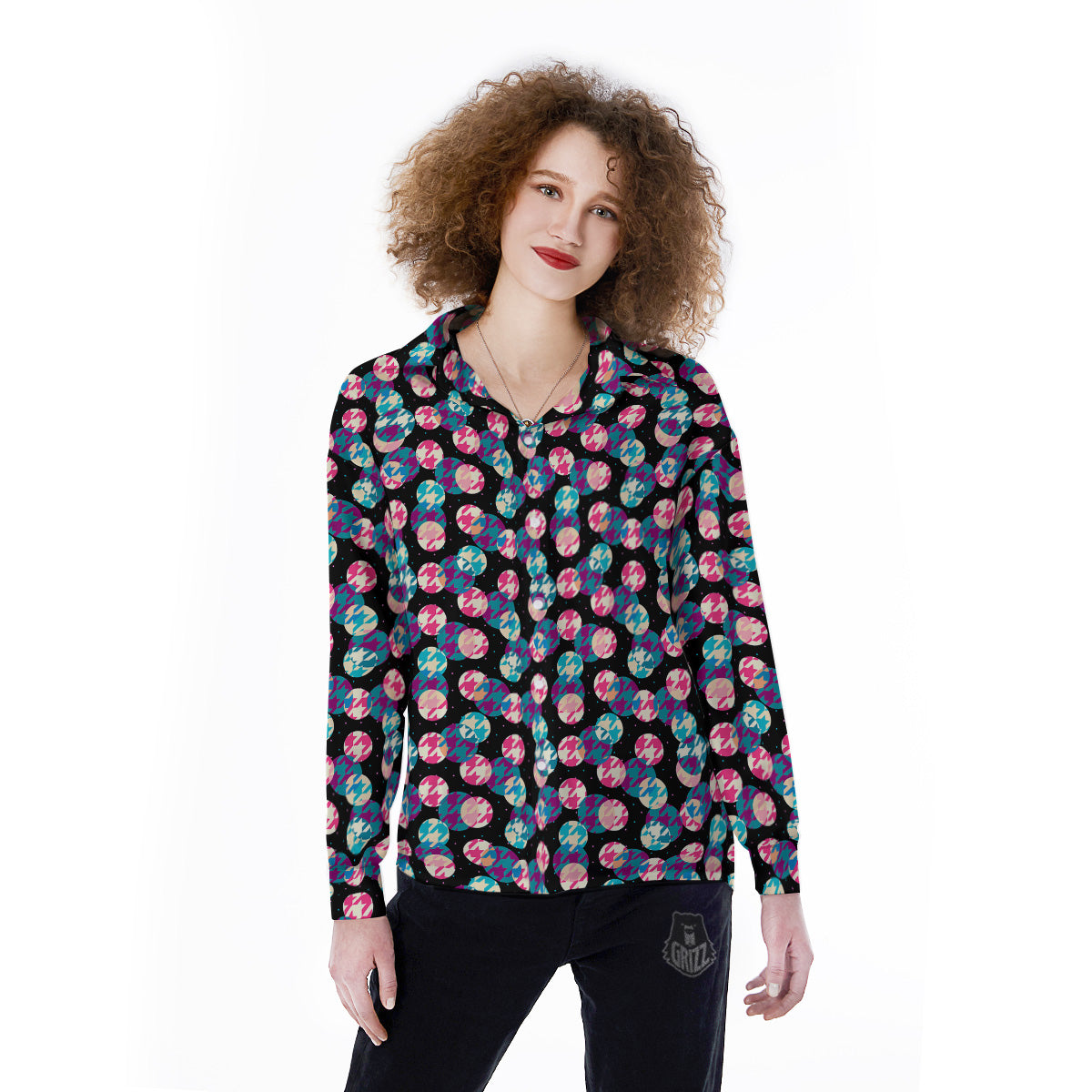 Houndstooth And Classic Polka Dot Print Pattern Women's Long Sleeve Shirts-grizzshop