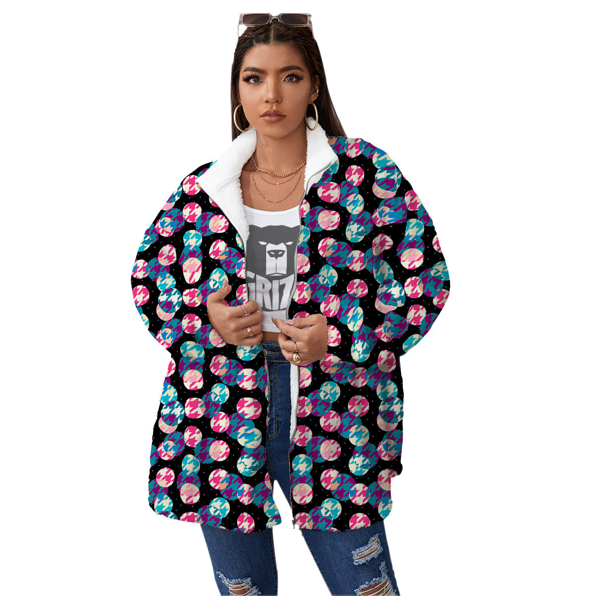 Houndstooth And Classic Polka Dot Print Pattern Women's Sherpa Jacket-grizzshop