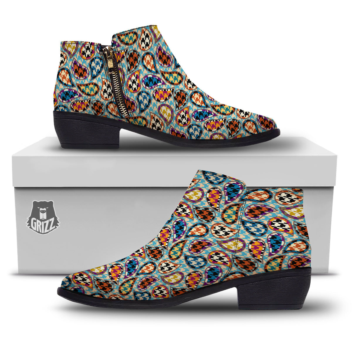 Houndstooth And Paisley Print Pattern Ankle Boots-grizzshop