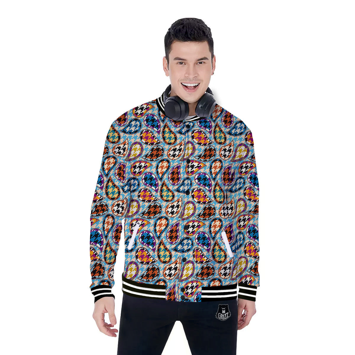 Houndstooth And Paisley Print Pattern Baseball Jacket-grizzshop