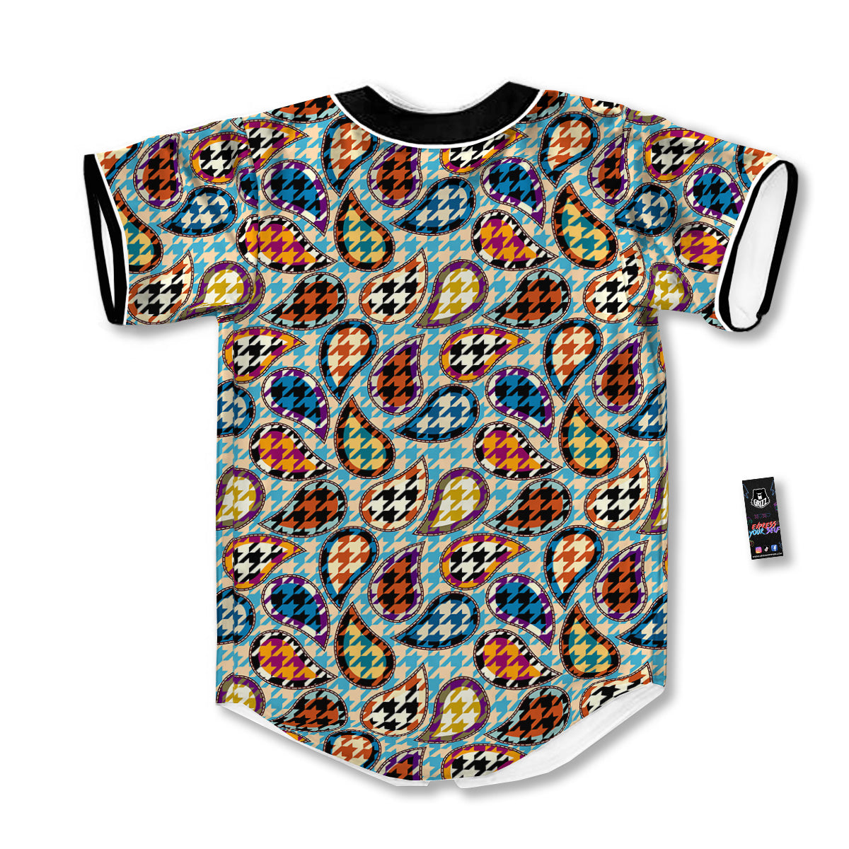 Houndstooth And Paisley Print Pattern Baseball Jersey-grizzshop