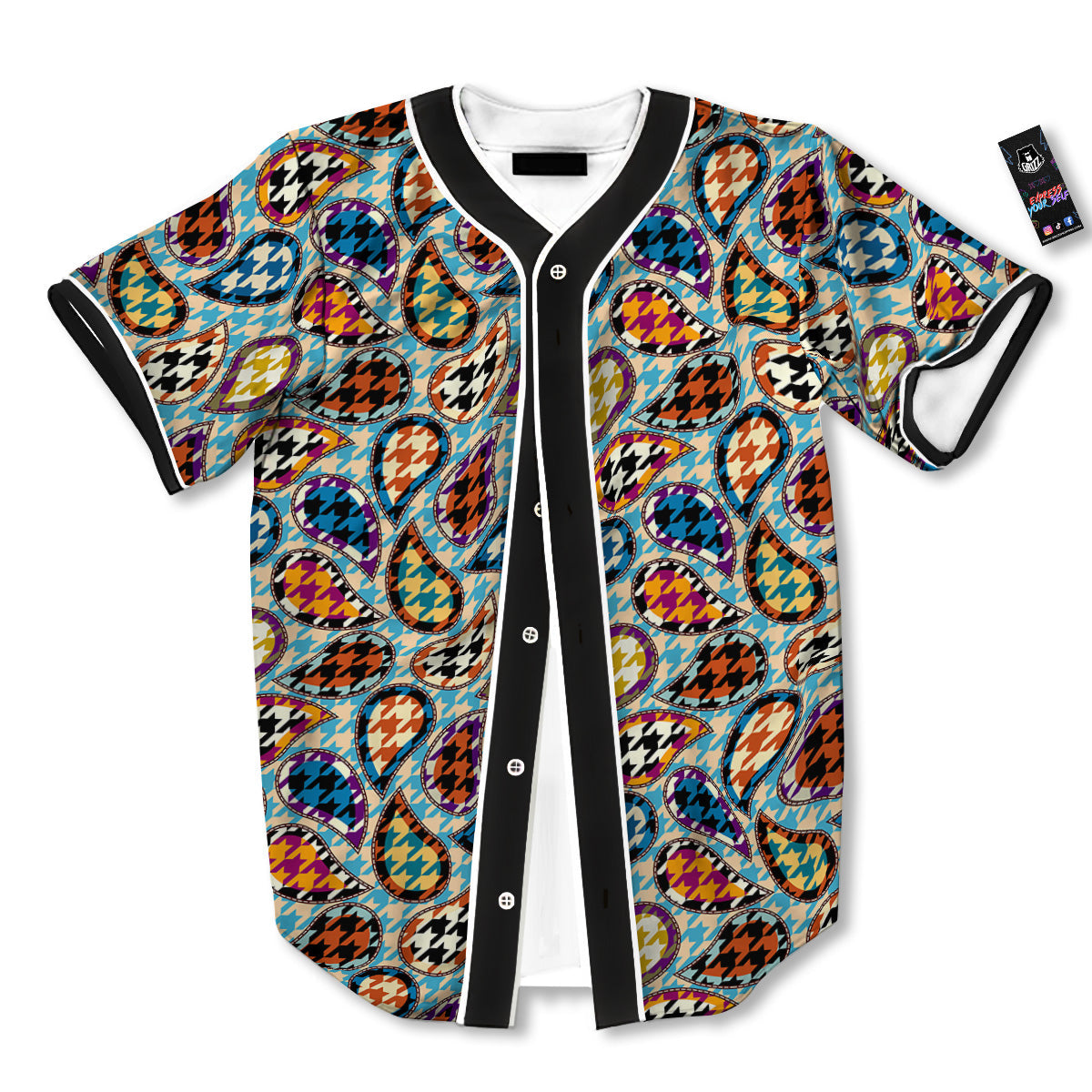 Houndstooth And Paisley Print Pattern Baseball Jersey-grizzshop