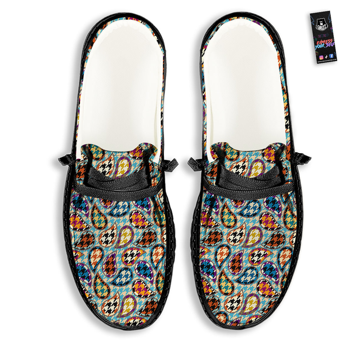 Houndstooth And Paisley Print Pattern Black Loafers-grizzshop