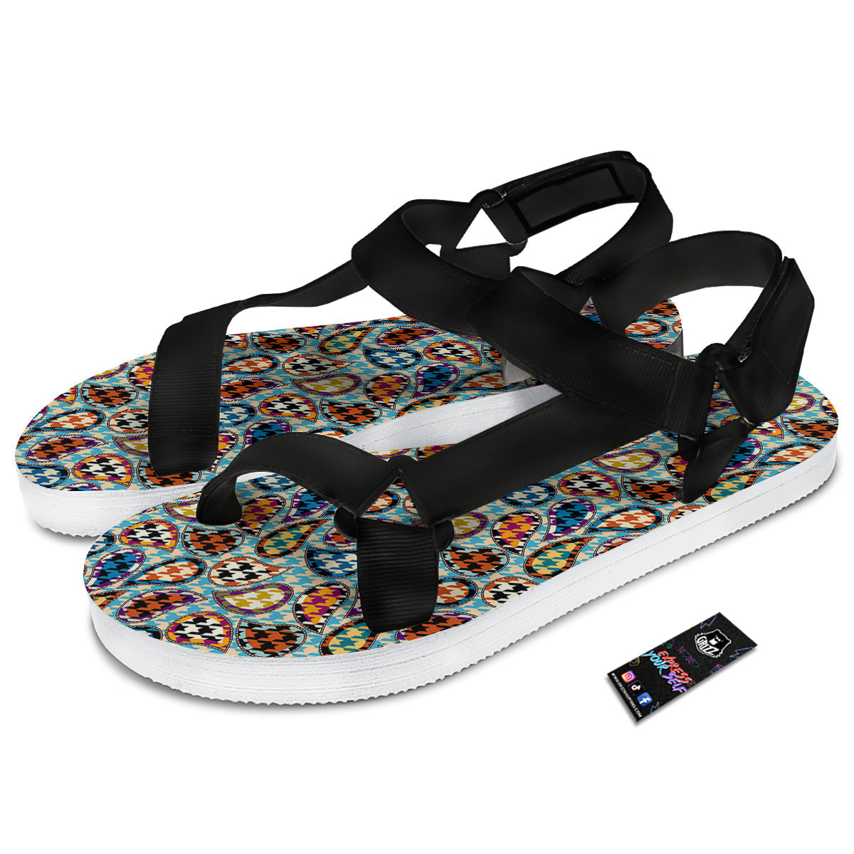 Houndstooth And Paisley Print Pattern Black Open Toe Sandals-grizzshop