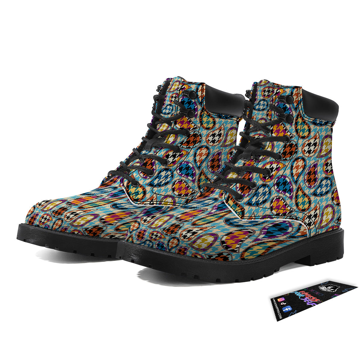 Houndstooth And Paisley Print Pattern Boots-grizzshop