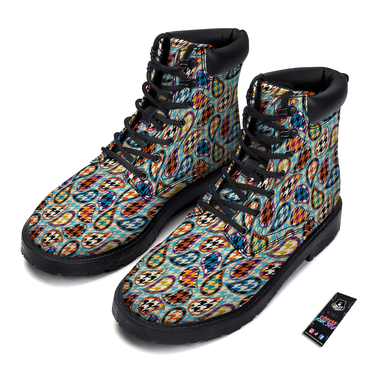 Houndstooth And Paisley Print Pattern Boots-grizzshop