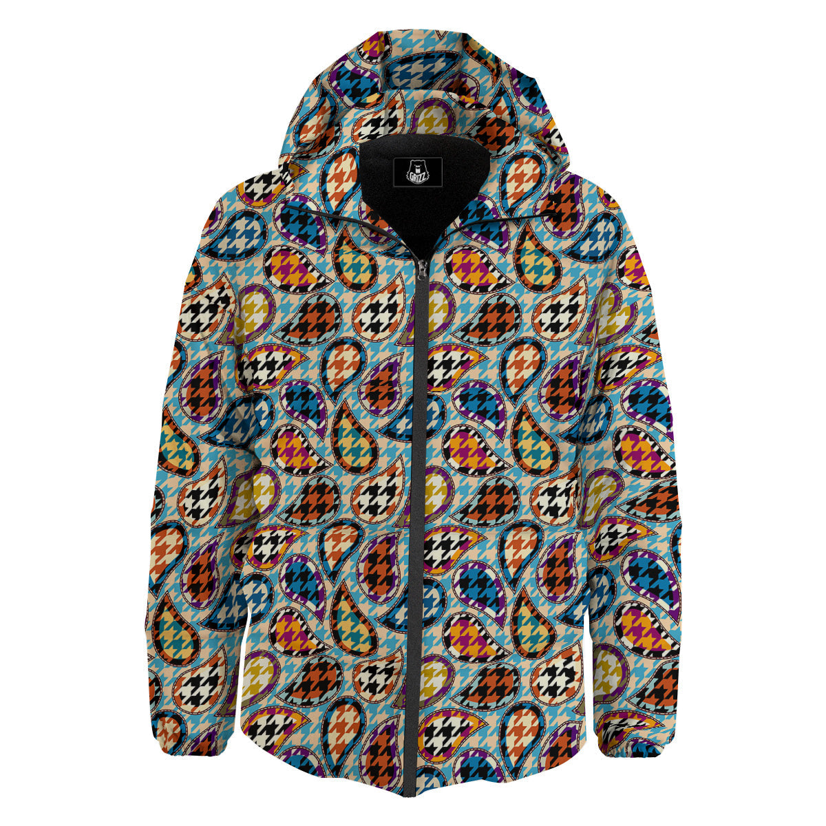 Houndstooth And Paisley Print Pattern Down Jacket-grizzshop