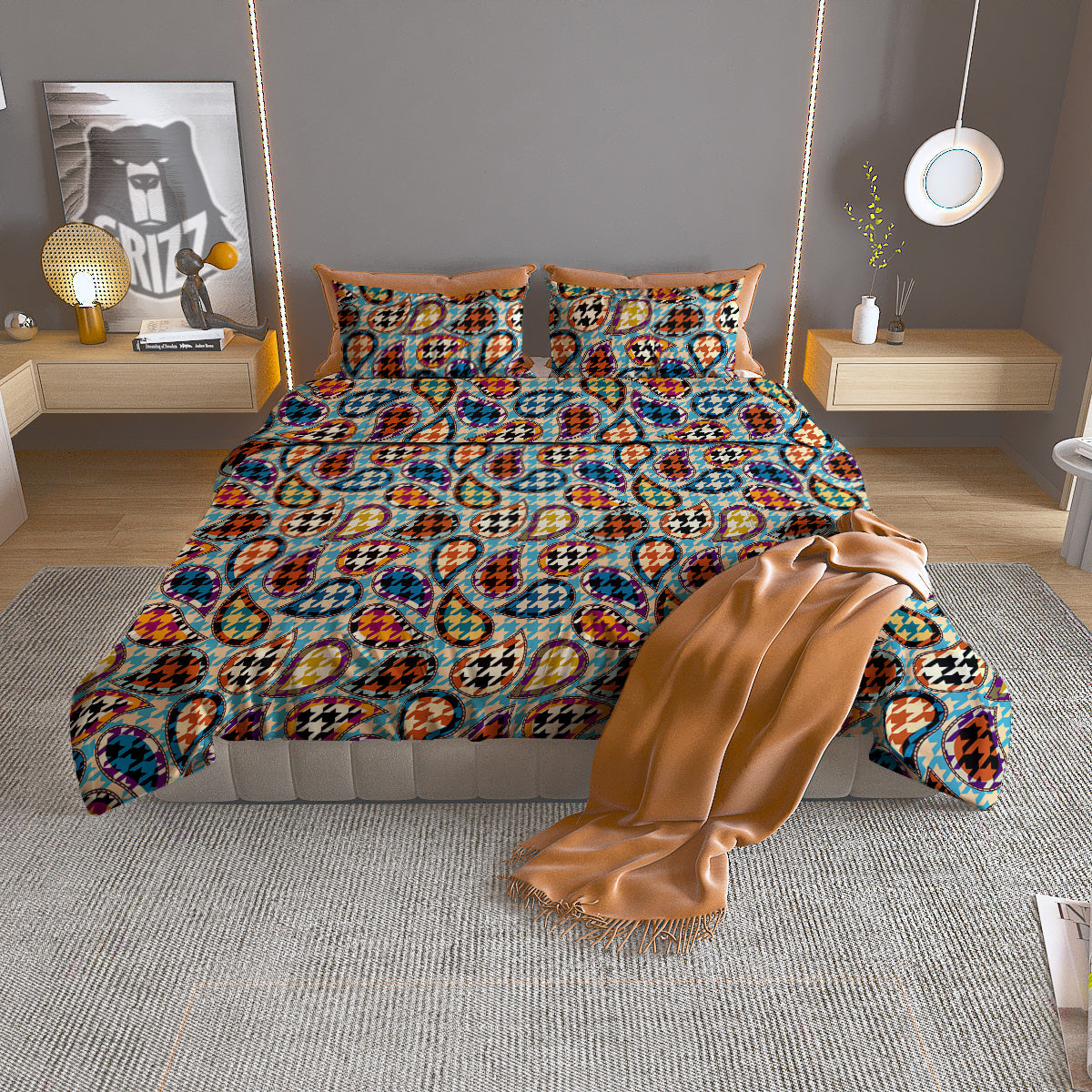 Houndstooth And Paisley Print Pattern Duvet Cover Bedding Set