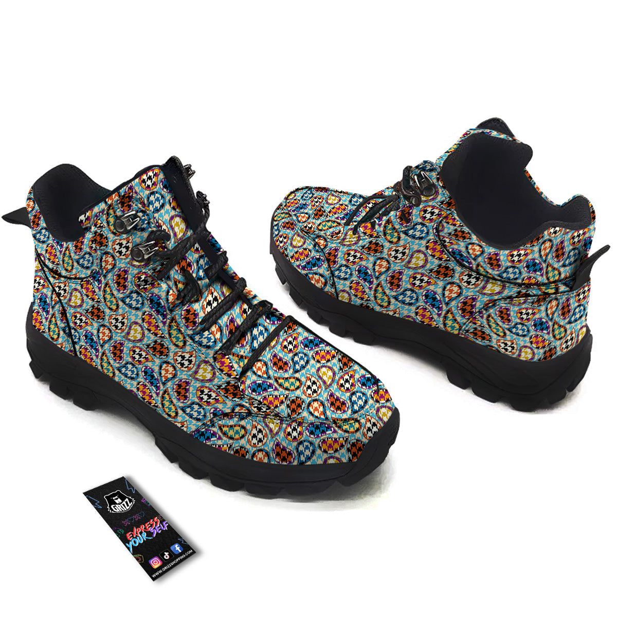 Houndstooth And Paisley Print Pattern Hiking Shoes-grizzshop