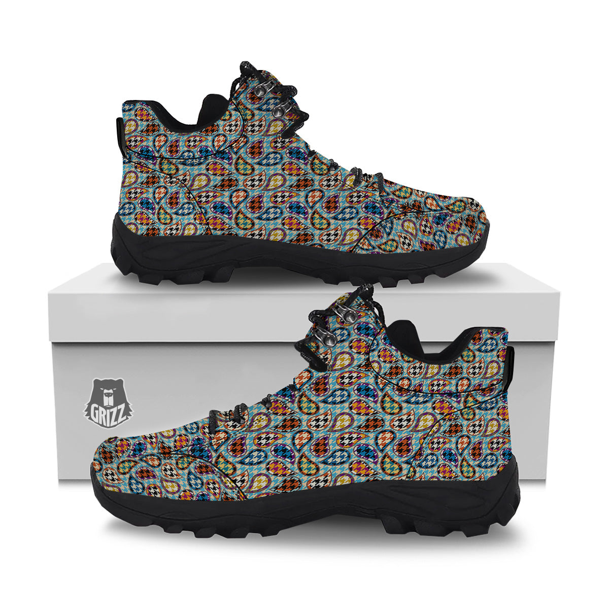 Houndstooth And Paisley Print Pattern Hiking Shoes-grizzshop