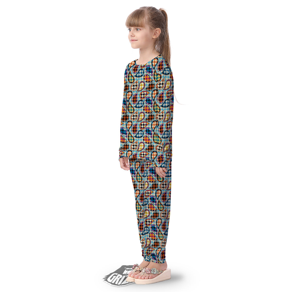 Houndstooth And Paisley Print Pattern Kid's Pajamas-grizzshop