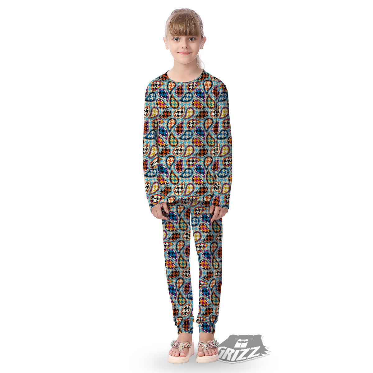 Houndstooth And Paisley Print Pattern Kid's Pajamas-grizzshop