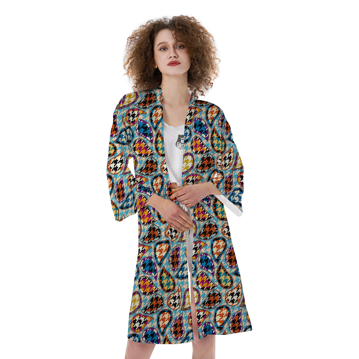 Houndstooth And Paisley Print Pattern Kimono-grizzshop