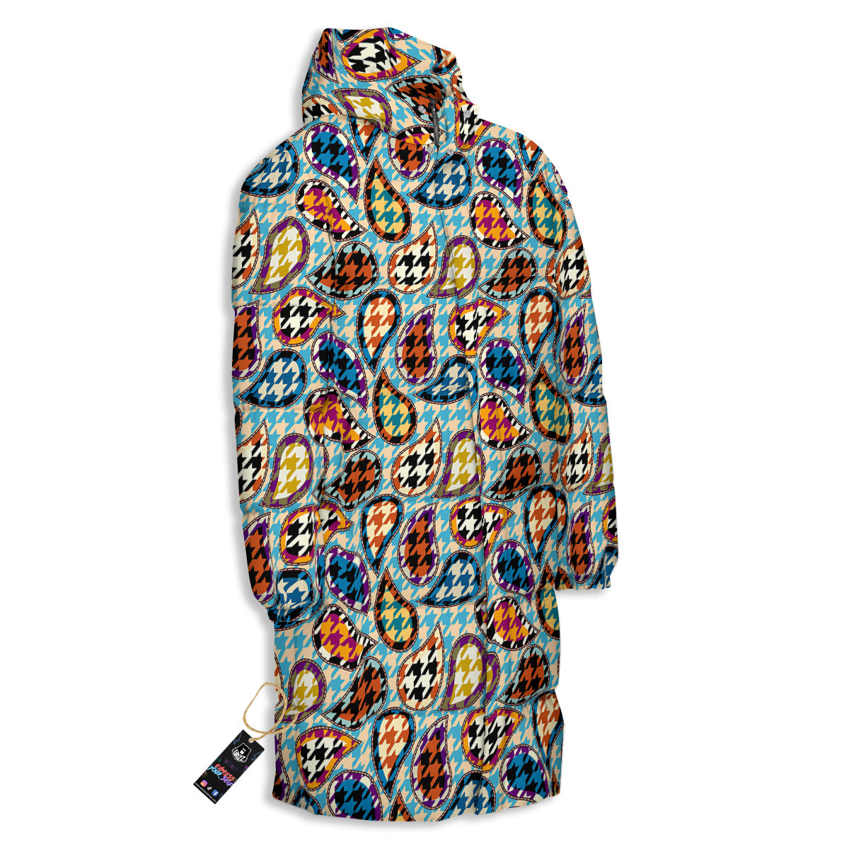 Houndstooth And Paisley Print Pattern Long Down Jacket-grizzshop