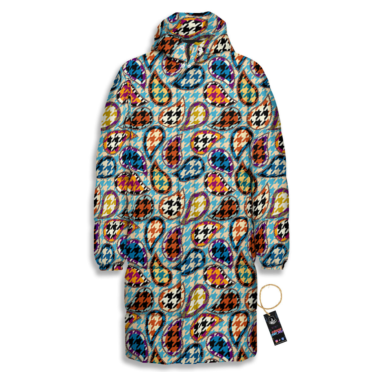 Houndstooth And Paisley Print Pattern Long Down Jacket-grizzshop